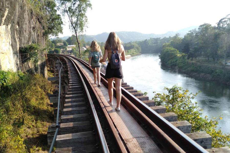 Walking along wooden bridge of Death Railway